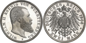 ALLEMAGNE - GERMANY
Wurtemberg, Guillaume II (1891-1918). 2 (zwei) mark, Flan bruni (PROOF) 1906, F, Stuttgart.
Av. WILHELM II KOENIG VON WUERTTEMBE...