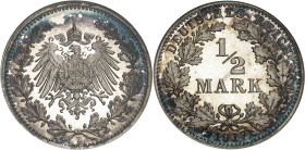 ALLEMAGNE - GERMANY
Empire allemand (1871-1918). 1/2 mark, Flan bruni (PROOF) 1917, E, Muldenhütten.
Av. Dans une couronne formée de deux branches d...