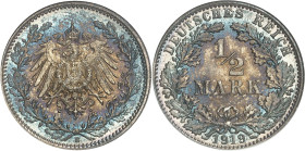 ALLEMAGNE - GERMANY
Empire allemand (1871-1918). 1/2 mark 1919, E, Muldenhütten.
Av. Dans une couronne formée de deux branches de chêne, aigle éploy...