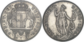 ITALIE - ITALY
Gênes, République (1528-1797). 8 lire 1796 (1814), Gênes.
Av. (à 6 h) DUX. ET. GUB. - REIP. GENU. Écu couronné et soutenu par deux gr...