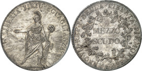 ITALIE - ITALY
République Piémontaise (1798-1799). demi-écu (mezzo scudo) An VII (1799), Turin.
Av. LIBERTA. VIRTU’. EGUAGLIANZA. La Liberté casquée...
