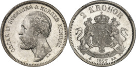 SUÈDE - SWEDEN
Oscar II (1872-1907). 2 kronor, 1er type 1877 EB, Stockholm.
Av. OSCAR II SVERIGES O. NORGES KONUNG. Tête nue à gauche, signature L.A...