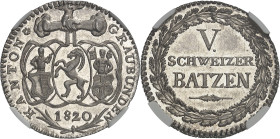 SUISSE - SWITZERLAND
Grisons (canton des). 5 batzen 1820, Berne.
Av. KANTON* - GRAUBUNDEN. Écus accolés de Gotteshausbund, Zehngerichtebund et Graue...