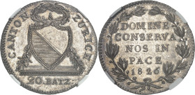 SUISSE - SWITZERLAND
Zurich (canton de). 20 batzen 1826, Zurich.
Av. CANTON - ZURICH. Écu de Zurich sous une couronne de chêne, un rameau de part et...