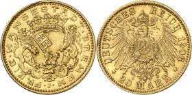 ALLEMAGNE - GERMANY
Brême (ville libre de). 20 mark 1906, J, Hambourg.
Av. FREIE. HANSESTADT. BREMEN. Armes de la ville couronnées et soutenues par ...