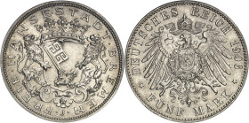 ALLEMAGNE - GERMANY
Brême (ville libre de). 5 (fünf) mark 1906, J, Hambourg.
Av. FREIE. HANSESTADT. BREMEN. Deux lions tenant un écu couronné, au-de...