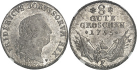 ALLEMAGNE - GERMANY
Prusse, Frédéric II (1740-1786). 8 groschen 1755, F, Magdebourg.
Av. FRIDERICVS BORVSSORVM REX. Tête nue à droite. 
Rv. *8* / G...