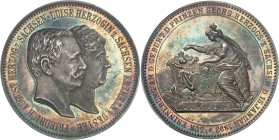 ALLEMAGNE - GERMANY
Saxe, Frédéric Auguste III (1904-1918). Médaille monétiforme au module de 5 mark, naissance du Prince royal Georges, par M. Bardu...