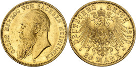 ALLEMAGNE - GERMANY
Saxe-Meiningen, Georges II (1866-1914). 20 mark 1900, D, Munich.
Av. GEORG HERZOG VON SACHSEN MEININGEN. Tête nue à gauche, au-d...