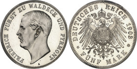 ALLEMAGNE - GERMANY
Waldeck-Pyrmont, Frédéric (1893-1918). 5 mark, Flan bruni (PROOF) 1903, A, Berlin.
Av. FRIEDRICH FÜRST ZU WALDECK UND PYRMONT. T...