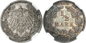 ALLEMAGNE - GERMANY
Empire allemand (1871-1918). 1/2 mark 1905, D, Munich.
Av. Aigle éployée et couronnée ; au-dessous (atelier). 
Rv. DEUTSCHES RE...