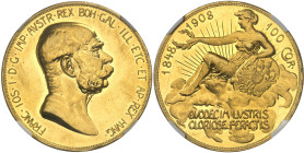 AUTRICHE - AUSTRIA
François-Joseph Ier (1848-1916). 100 corona, 60e anniversaire de règne, Flan bruni (PROOF) 1908, Kremnitz.
Av. FRANC. IOS. I. D. ...