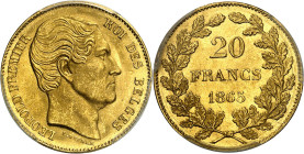 BELGIQUE - BELGIUM
Léopold Ier (1831-1865). 20 francs, signature L. WIENER, tranche position B 1865, Bruxelles.
Av. LEOPOLD PREMIER ROI DES BELGES. ...