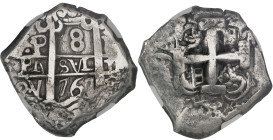 BOLIVIE - BOLIVIA
Charles III (1759-1788). 8 réaux cob 1767 VY, P, Potosi.
Av. [CAROLVS. III. D. G. HISP]. Les colonnes d’Hercule posées sur les flo...