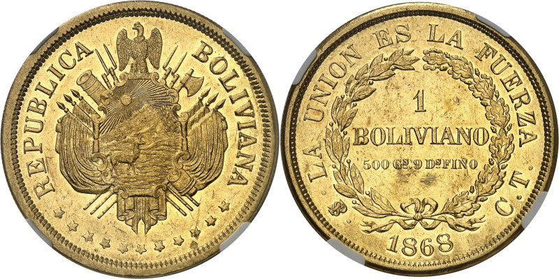 BOLIVIE - BOLIVIA
République. Essai de 1 boliviano en Or, type adopté 1868 CT, ...