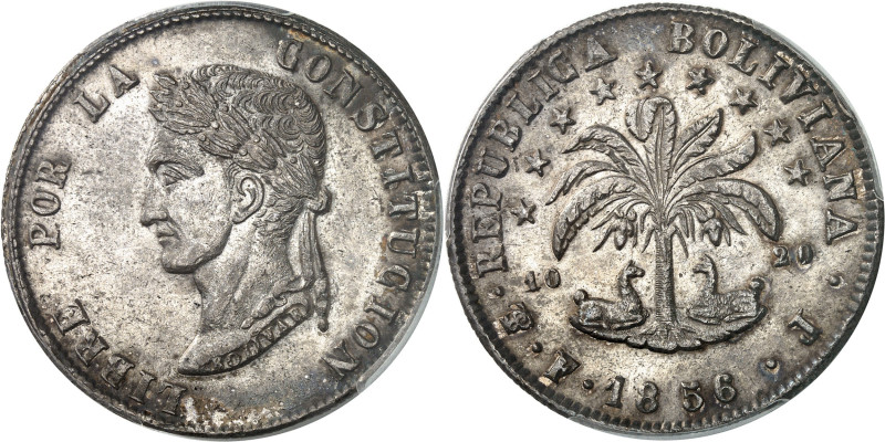 BOLIVIE - BOLIVIA
République. 8 soles 1856 FJ, Potosi.
Av. LIBRE POR LA - CONS...