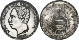 CAMBODGE - CAMBODIA
Norodom Ier (1860-1904). Épreuve de Une piastre - Un peso, sur flan en argent, tranche lisse, Flan bruni (PROOF) 1860, Bruxelles ...