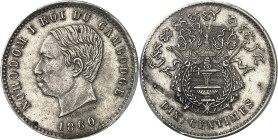 CAMBODGE - CAMBODIA
Norodom Ier (1860-1904). Épreuve en argent de dix centimes au type adopté 1860, Bruxelles (Würden).
Av. NORODOM I ROI DU CAMBODG...