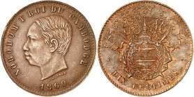 CAMBODGE - CAMBODIA
Norodom Ier (1860-1904). Dix centimes, frappe locale 1860 [c.1875], Bruxelles (Würden) [puis Phnom Penh].
Av. NORODOM I ROI DU C...