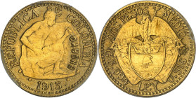 COLOMBIE - COLOMBIA
République. Essai-piéfort en Or de 2 1/2 pesos, Frappe spéciale (SP) 1913, Medellin.
Av. REPUBLICA - COLOMBIA. Un mineur accroup...