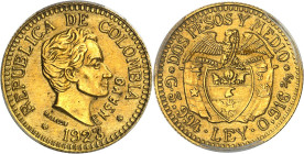 COLOMBIE - COLOMBIA
République. Essai-piéfort en Or de 2 1/2 pesos, Frappe spéciale (SP) 1923, Medellin.
Av. REPUBLICA DE COLOMBIA. Buste de Bolivar...