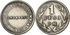 COLOMBIE - COLOMBIA
République. Jeton de 1 peso contre papier-monnaie, léproseries 1907.
Av. REPUBLICA DE COLOMBIA / .(date). Dans le champ : LAZARE...