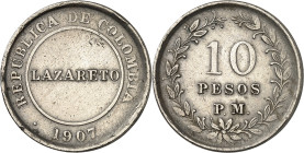 COLOMBIE - COLOMBIA
République. Jeton de 10 pesos contre papier-monnaie, léproseries 1907.
Av. REPUBLICA DE COLOMBIA / .(date). Dans le champ : LAZA...