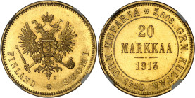 FINLANDE - FINLAND
Nicolas II (1894-1917). 20 markkaa 1913 S, Helsinki.
Av. FINLAND * SUOMI. Aigle bicéphale éployée et couronnée, avec écu en cœur,...