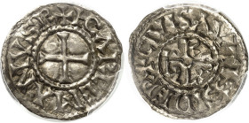 FRANCE / CAROLINGIENS - FRANCE / CAROLINGIAN
Carloman II (879-884). Denier ND, Auxerre.
Av. + H CARLEMANVS R. Croix. 
Rv. (à 9 h) CIVIS AVTISSIDER....