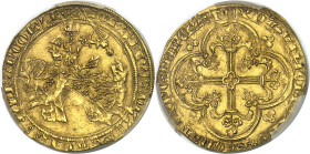 FRANCE / CAPÉTIENS - FRANCE / ROYAL
Jean II le Bon (1350-1364). Franc à cheval ND (1360).
Av. IOHANNES: DEI: GRACIA: FRANCORV: REX. Le roi à cheval,...