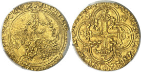 FRANCE / CAPÉTIENS - FRANCE / ROYAL
Jean II le Bon (1350-1364). Franc à cheval ND (1360).
Av. IOHANNES: DEI: GRACIA: FRANCORV: REX. Le roi à cheval,...