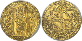 FRANCE / CAPÉTIENS - FRANCE / ROYAL
Charles V (1364-1380). Franc à pied ND (1365).
Av. KAROLVSx DIx GR - FRANCORVx REX. Le Roi, couronné, debout sou...