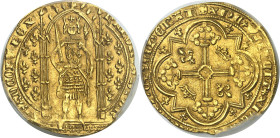 FRANCE / CAPÉTIENS - FRANCE / ROYAL
Charles V (1364-1380). Franc à pied ND (1365).
Av. KAROLVSx DIx GR - FRANCORVx REX. Le Roi, couronné, debout sou...
