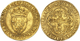 FRANCE / CAPÉTIENS - FRANCE / ROYAL
Charles VI (1380-1422). Écu d’or à la couronne, 1ère émission ND (1385-1388), Saint-Quentin ?
Av. + KAROLVSx DEI...