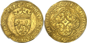 FRANCE / CAPÉTIENS - FRANCE / ROYAL
Charles VI (1380-1422). Écu d’or à la couronne, 4e émission ND (1394-1411), Rouen.
Av. + KAROLVSx DEIx GRACIAx F...