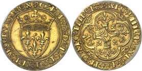 FRANCE / CAPÉTIENS - FRANCE / ROYAL
Charles VI (1380-1422). Écu d’or à la couronne, 4e émission ND (1394-1411), Villeneuve-lès-Avignon.
Av. + KAROLV...