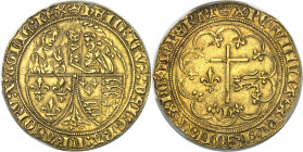 FRANCE / CAPÉTIENS - FRANCE / ROYAL
Henri VI d'Angleterre (1422-1453). Salut d’or 2e émission ND (1422), couronne, Paris.
Av. (atelier) HENRICVS: DE...