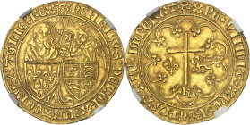 FRANCE / CAPÉTIENS - FRANCE / ROYAL
Henri VI d'Angleterre (1422-1453). Salut d’or 2e émission ND (après 1425), racine, Le Mans.
Av. (atelier) HENRIC...