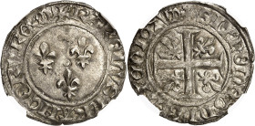FRANCE / CAPÉTIENS - FRANCE / ROYAL
Charles VII (1422-1461). Blanc aux trois lis, 1ère émission ND (1423), Mont-Saint-Michel.
Av. + KAROLVS: FRANCOR...