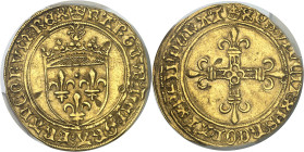 FRANCE / CAPÉTIENS - FRANCE / ROYAL
Charles VIII (1483-1498). Écu d’or au soleil, 1ère émission ND (1483-1494), Poitiers.
Av. (couronnelle) KAROLVS:...