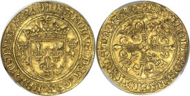 FRANCE / CAPÉTIENS - FRANCE / ROYAL
Charles VIII (1483-1498). Écu d’or au soleil de Bretagne ND, R, Rennes.
Av. (atelier): KAROLVS: DEI: GRA: FRANCO...