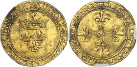 FRANCE / CAPÉTIENS - FRANCE / ROYAL
Louis XII (1498-1514). Écu d’or au soleil, avec titre de seigneur de Gênes ND (1509 ?), Gênes.
Av. :+: LVD’: DEI...