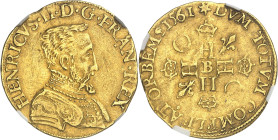 FRANCE / CAPÉTIENS - FRANCE / ROYAL
Charles IX (1560-1574). Henri d’or, 1er type 1561, B, Rouen.
Av. HENRICVS. II. D. G. FRAN. REX. Buste à droite d...