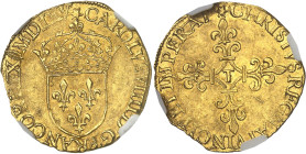 FRANCE / CAPÉTIENS - FRANCE / ROYAL
Charles IX (1560-1574). Écu d’or au soleil, 1er type 1565, T, Nantes.
Av. CAROLVS. VIIII. D. G. FRANCOR. REX (di...