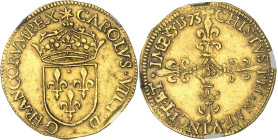 FRANCE / CAPÉTIENS - FRANCE / ROYAL
Charles IX (1560-1574). Écu d’or au soleil, 1er type 1573, B, Rouen.
Av. CAROLVS. VIIII. D. G. FRANCORVM. REX. É...