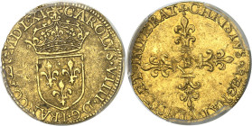 FRANCE / CAPÉTIENS - FRANCE / ROYAL
Charles IX (1560-1574). Demi-écu d’or au soleil, 1er type 1561, B, Rouen.
Av. CAROLVS. VIIII. D. G. FRANCOR. REX...