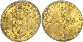 FRANCE / CAPÉTIENS - FRANCE / ROYAL
Charles IX (1560-1574). Demi-écu d’or au soleil, 1er type 1567, B, Rouen.
Av. (à 12 h) CAROLVS. VIIII. D. G. FRA...