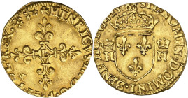 FRANCE / CAPÉTIENS - FRANCE / ROYAL
Henri III (1574-1589). Écu d’or au soleil, 2e type, croix de face 1578, L, Bayonne.
Av. (à 12 h) + HENRICVS. III...
