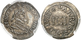 FRANCE / CAPÉTIENS - FRANCE / ROYAL
Henri IV (1589-1610). Essai de IIII sols, Frappe spéciale (SP) 1602, Paris.
Av. (à 12 h) * HENRIC. IIII. D. G. F...