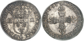FRANCE / CAPÉTIENS - FRANCE / ROYAL
Louis XIII (1610-1643). Quart d’écu, 1er type, avec l’écu de face 1643, G, Poitiers.
Av. (à 6 h) LVDOVICVS. XIII...